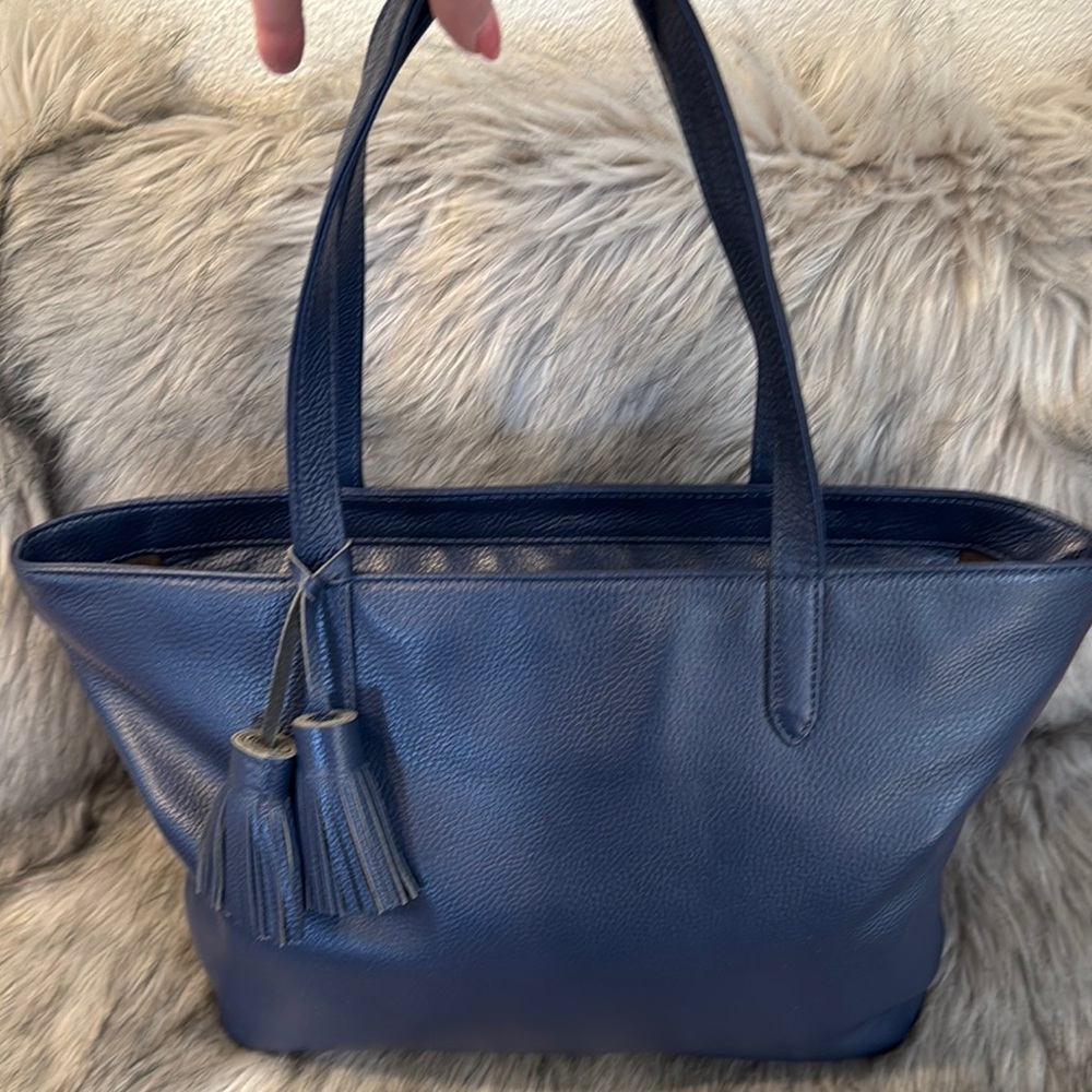 Onna Ehrlich Elegant Blue Leather Tote with Textured Finish